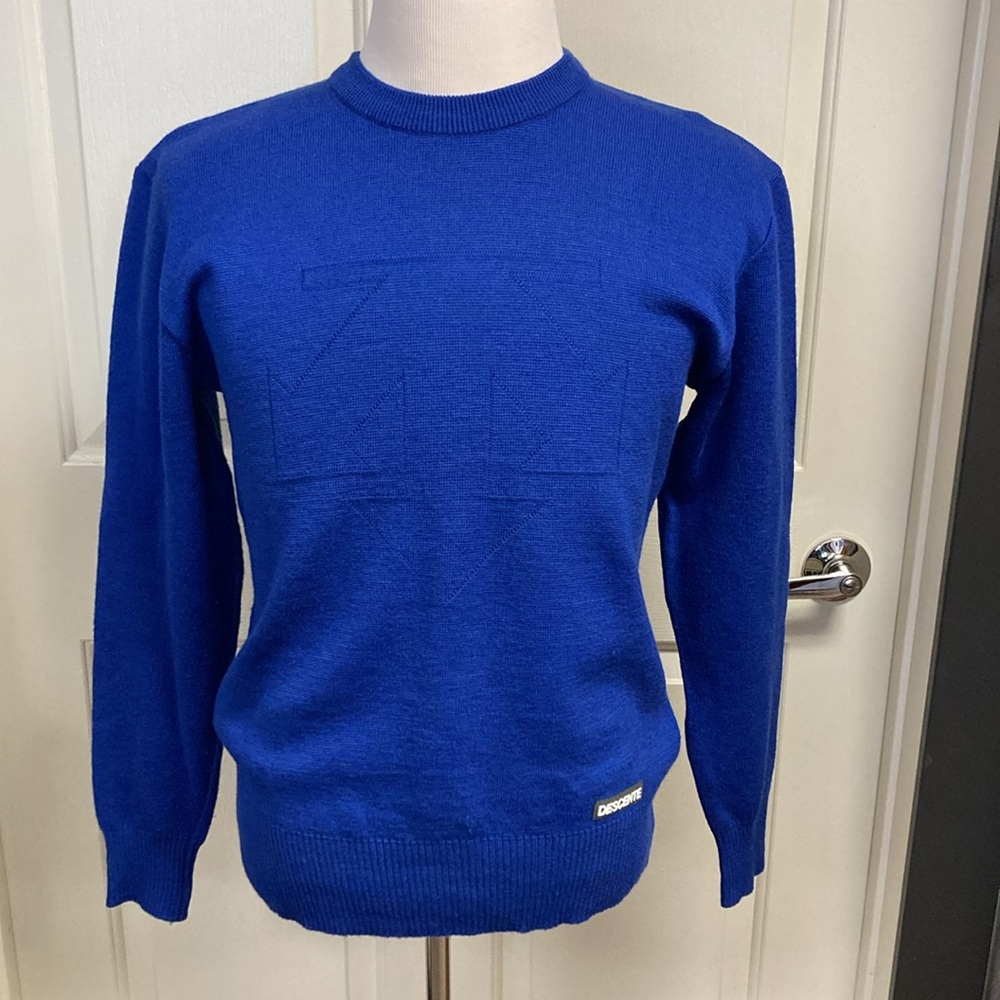 Descente Wool Crew Neck Blue Knit Sweater Size Large High Quality